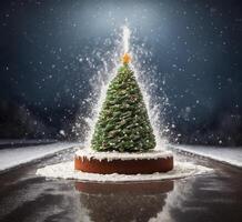 ai gegenereerd Kerstmis boom en sneeuw vallend Aan een taart met een kaars in de sneeuw foto