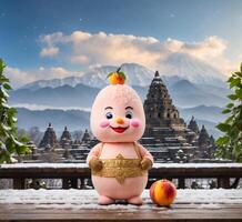 ai gegenereerd grappig perzik mascotte karakter en Hindoe tempel in Bali, Indonesië foto