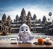 ai gegenereerd demon mascotte in de voorkant van Angkor wat tempel foto