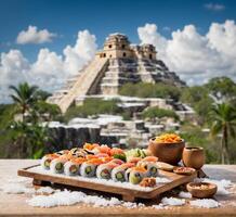 ai gegenereerd sushi reeks Aan een houten bord met mayan piramide in achtergrond. foto