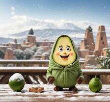 ai gegenereerd grappig avocado karakter met sneeuw en bergen in de achtergrond. Kerstmis concept. foto