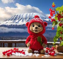 ai gegenereerd schattig teddy beer met rood bessen Aan achtergrond van monteren fuji foto