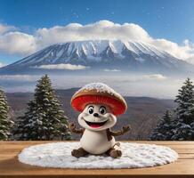 ai gegenereerd grappig paddestoel mascotte zittend Aan sneeuw met mt. fuji in de achtergrond foto