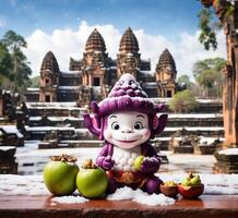 ai gegenereerd mangisboom mascotte karakter en okkernoot in voorkant van Angkor wat, Cambodja foto