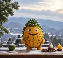 ai gegenereerd grappig kiwano mascotte en kaars Aan een houten tafel met een sneeuwval achtergrond. foto