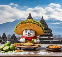 ai gegenereerd Mexicaans voedsel taco's mascotte karakter Aan houten tafel in voorkant van sneeuw afgedekt mt. fuji achtergrond foto