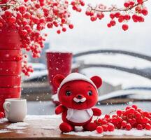 ai gegenereerd rood beer pop met rood bessen in een vaas Aan de achtergrond van sneeuwval foto