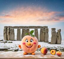 ai gegenereerd grappig perzik mascotte karakter en stonehenge Bij zonsondergang. foto