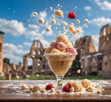 ai gegenereerd vallend ijs room ballen in voorkant van colosseum in Rome, Italië foto