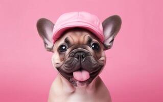 ai gegenereerd gelukkig Frans bulldog pup, tong uit, met roze pet geïsoleerd Aan warm roze achtergrond. ai generatief. foto