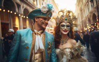 ai gegenereerd mardi gras poster. gelukkig paar in carnaval kostuums glimlachen en pratend Aan Europese straat. Venetiaanse maskerade partij kleding. gezicht kunst. ai generatief foto