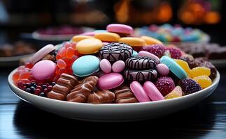 ai gegenereerd visie van mooi heerlijk chocola snoep voedsel in verschillend stijlen Aan een bord foto