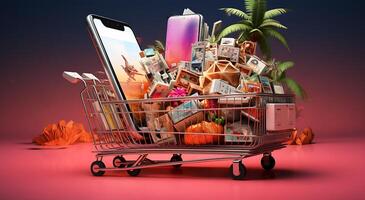 ai gegenereerd visie van mooi advertentie voor een mobiel boodschappen doen online foto