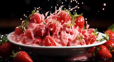 ai gegenereerd visie van mooi heerlijk aardbei fruit vallend in melk in een bord Aan een tafel foto