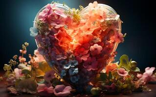 ai gegenereerd een visie van liefde met een pastel achtergrond en hart vorm met bloemen foto