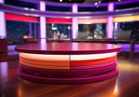 ai gegenereerd een kleurrijk roze geel Purper en rood nieuws studio kamer tafel ontwerp foto