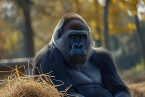 ai gegenereerd portret van zittend gorilla in wildernis. foto