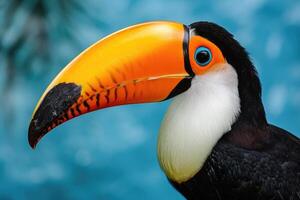 ai gegenereerd toekan vogel Aan een blauw achtergrond foto