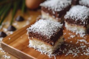 ai gegenereerd lamingtons, spons taart met chocola en kokosnoot. foto