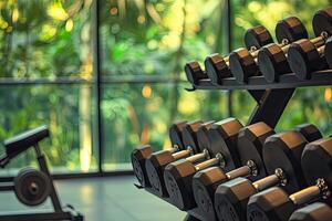 ai gegenereerd Sportschool interieur achtergrond van halters Aan rek in geschiktheid en training kamer foto