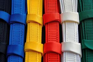 ai gegenereerd gekleurde sterkte textiel banden. geweven touw gemaakt van nylon- of polyester in divers kleuren. foto