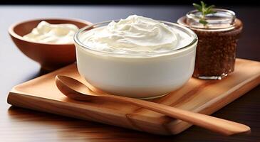 ai gegenereerd mooi visie van heerlijk Grieks yoghurt voedsel in een kom Aan een houten tafel foto