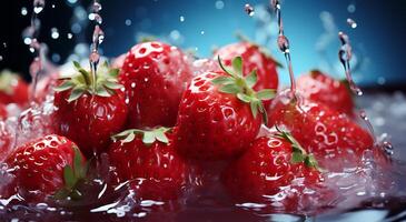 ai gegenereerd visie van mooi heerlijk aardbei fruit vallend in water Aan een tafel foto