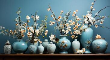 ai gegenereerd visie van mooi aantrekkelijk kleurrijk vazen en bloem regelingen in een kamer foto