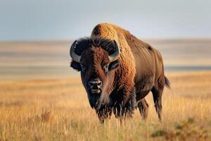 ai gegenereerd wild Amerikaans bizon stier staand in met gras begroeid prairie. foto