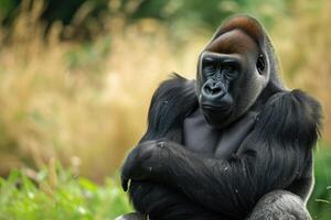 ai gegenereerd portret van zittend gorilla in wildernis. foto