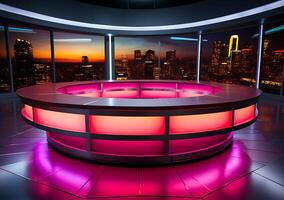 ai gegenereerd een kleurrijk roze geel Purper en rood nieuws studio kamer tafel ontwerp foto