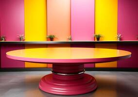 ai gegenereerd een kleurrijk roze geel Purper en rood nieuws studio kamer tafel ontwerp foto