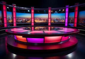 ai gegenereerd een kleurrijk roze geel Purper en rood nieuws studio kamer tafel ontwerp foto