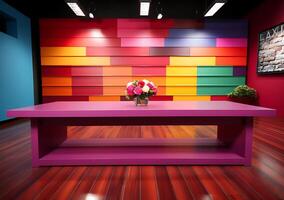 ai gegenereerd een kleurrijk roze geel Purper en rood nieuws studio kamer tafel ontwerp foto