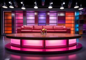 ai gegenereerd een kleurrijk roze geel Purper en rood nieuws studio kamer tafel ontwerp foto