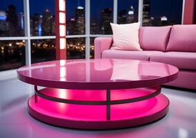 ai gegenereerd een kleurrijk roze geel Purper en rood nieuws studio kamer tafel ontwerp foto