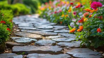 ai gegenereerd steen wandelen pad in de tuin. foto