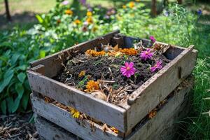 ai gegenereerd compost bak in de tuin. foto