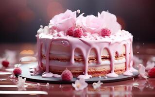 ai gegenereerd een kleurrijk verjaardag roze taart en heel heerlijk naar eten foto