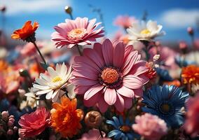 ai gegenereerd sommige kleurrijk wilde bloemen en mooi voorjaar weiden in zonnig zomer foto