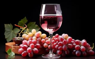 ai gegenereerd druif sap in een wijn glas en divers fruit donker roze, grijs en rood druiven Bij de bodem foto