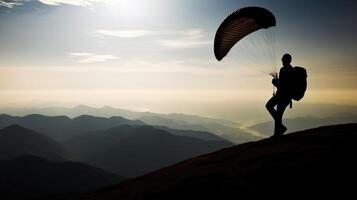 ai gegenereerd een Mens voorbereidingen treffen voor paragliden. silhouet foto van een paraglider.