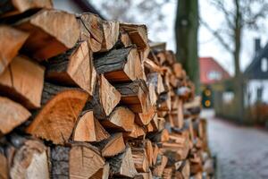 ai gegenereerd gestapeld logboeken van brandhout. voorbereiding voor de verwarming seizoen foto