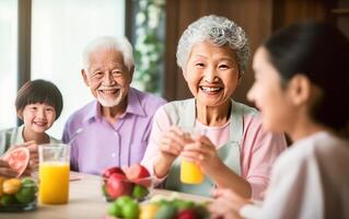 ai gegenereerd gelukkig Aziatisch familie roosteren gezond fruit sap. generatief ai foto