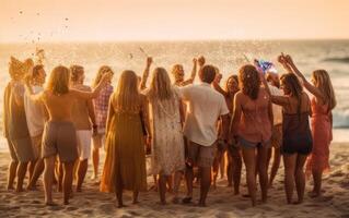 ai gegenereerd groep van gelukkig jong mensen Bij de strand Aan mooi zomer zonsondergang. generatief ai foto