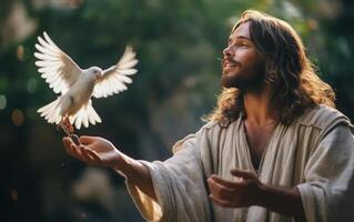ai gegenereerd Jezus Christus met een duif. Jezus gedoopt concept. generatief ai foto