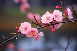 ai gegenereerd een roze bloemen Aan een Afdeling foto