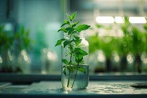 ai gegenereerd fabriek Onderzoek, groen fabriek in een glas pot in een laboratorium. ecologisch fokken en fabriek ontwikkeling. foto