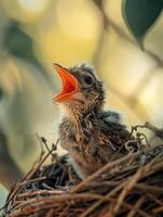 ai gegenereerd jong vogel in nest met Open mond aan het wachten naar worden gevoed. foto