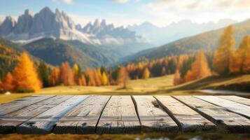 ai gegenereerd houten tafel top Aan wazig achtergrond van herfst kleur landschap in dolomieten - voor Scherm uw producten foto